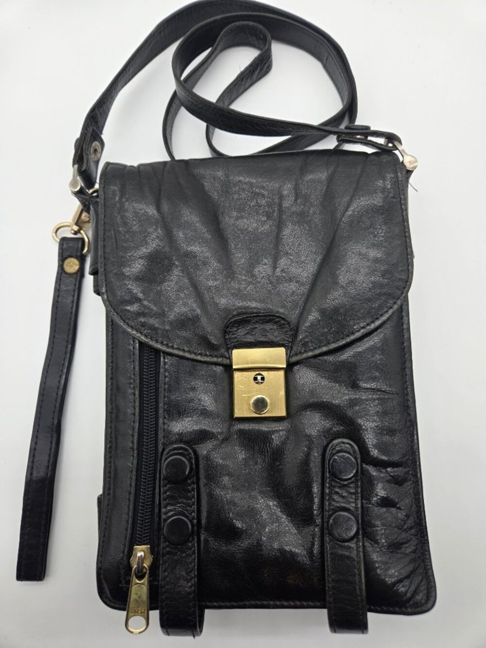 Vintage Black Leather Travel Organizer Crossbody All In One Purse Gold Latch
